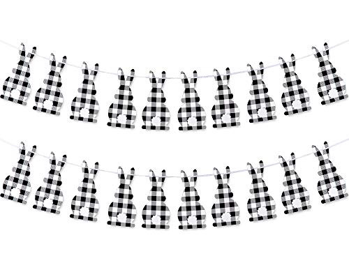 Whaline Easter Banner Decoration Happy Easter Banner Garland Plaid Easter Bunny Bunting Flag Farmhouse Banner Spring Themed Party Favors Supplies Happy Easter Day Home Decor for Mantle Fireplace