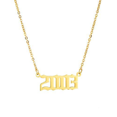 SKQIR Birth Years NecklaceInitial Year Number Pendant Necklace Gold Plated Birthday Gift Charm Friendship Old English Arabic Mumerals Stainless Steel Necklace Jewelry for Women Girl?Gold2003?