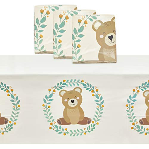 Bear Plastic Tablecloth for Boy Baby Shower Decorations -54 x 108 in 3 Pack-