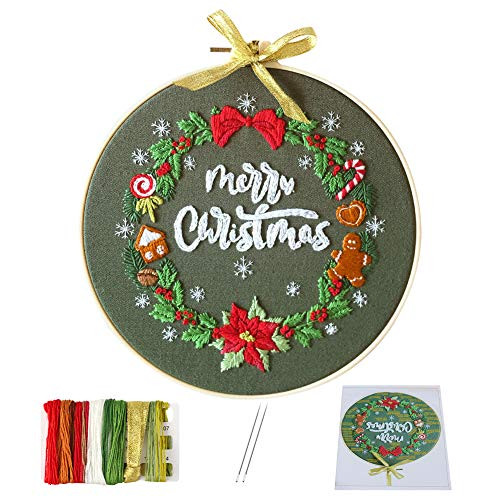 Actume Christmas Embroidery Starter Kit with Pattern and Instructions Including Color Pattern Embroidery Cloth Color Threads Embroidery Hoop Tools Kit -Green Cloth-
