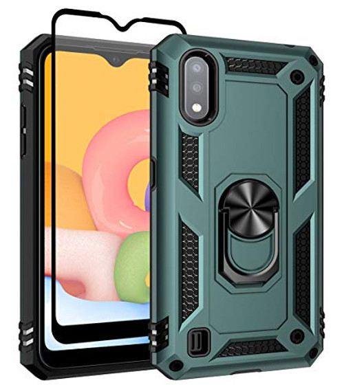 SunRemex Galaxy A01 Case with Tempered Glass Screen Protector. A01 Case Kickstand - Military Grade - 15ft. Drop Tested Protective Case Cover for Samsung Galaxy A01 Phone -Dark Green-