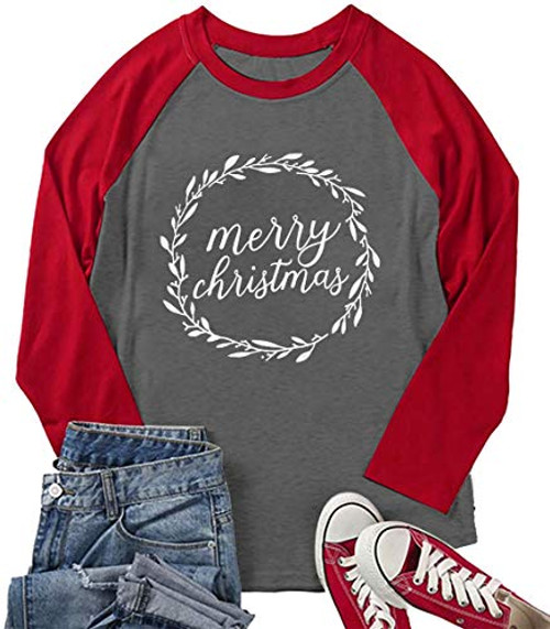 Plus Size Merry Christmas Baseball T-Shirt Women 3/4 Sleeve Holiday Splicing Tee Tops -XX-Large Red-