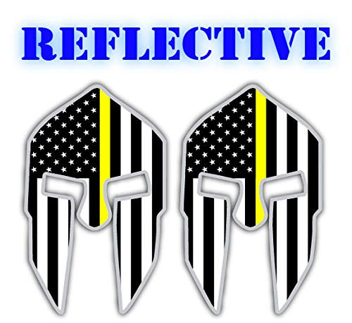 -x2- REFLECTIVE Spartan Helmet Vinyl Decals - Stickers Helmets Hard Hats Stealthy Black Ops American Flags -Yellow Line-