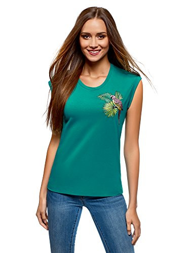 oodji Ultra Womens Cotton Top with Embroidery Green Small