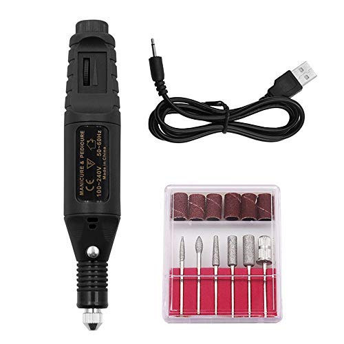 Nail File Electric Drill Machine - Professional Nail Art Kit - Acrylic Nails Manicure Pedicure Tool With USB lead And Diamond Mounted Burrs for HomeSalon-Black-