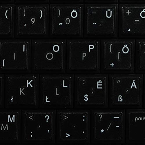 Hungarian Keyboard Decals ON Transparent Background with Blue Orange RED White OR Yellow Lettering -14X14- -White-