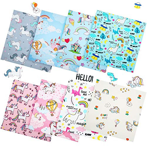 8 Pieces Unicorns Fat Quarters Cotton Fabric 19.8 x 19.8 Inch Unicorns Rainbow Horse Printed Quilting Fabric Bundle Squares Printed Sewing Quilting Patchwork Pre-Cutting Fabric for DIY Scrapbooking