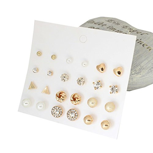 Iumer 12 Pair/Set Fashion Pearl Crystal Heart Stud Earring Set Women Simple Cute Elegant Gold Alloy Triangle Earrings Jewelry