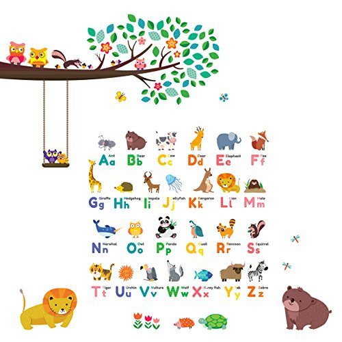 Decowall DW-1614P1410 Animal Alphabet ABC Large Branch Owls Kids Wall Stickers Wall Decals Peel and Stick Removable Wall Stickers for Kids Nursery Bedroom Living Room