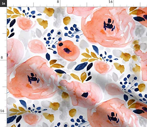 Spoonflower Fabric - Floral Watercolor Coral Blush Pink Navy Mustard Girly Printed on Petal Signature Cotton Fabric by The Yard - Sewing Quilting Apparel Crafts Decor