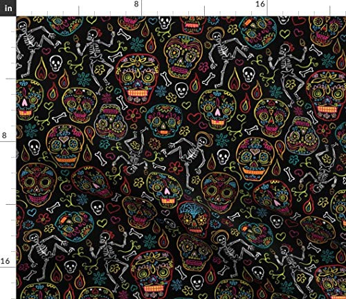 Spoonflower Fabric - Sugar Skulls Black Large Day Dead Calaveras Mexican Skull Bones Printed on Petal Signature Cotton Fabric by The Yard - Sewing Quilting Apparel Crafts Decor