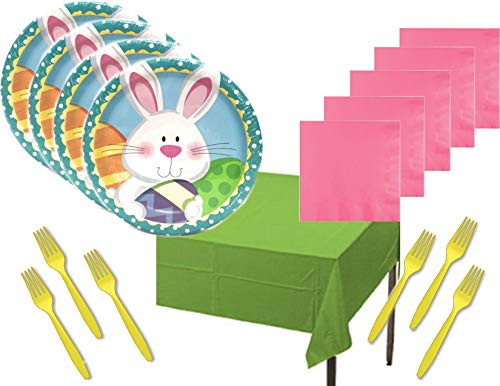 Easter Bunny Party Supply Bundle for 20 Guests - Includes Plates, Napkins, Forks and Tablecover