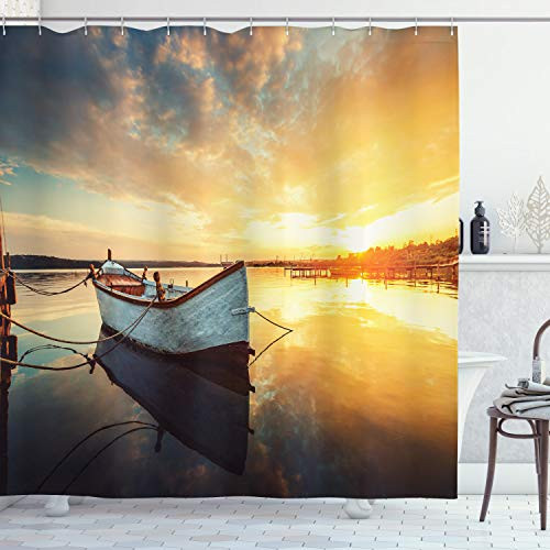 Ambesonne Lake House Shower Curtain Small Boat on The Water with Horizon and Overcast Dramatic Sky Harbor Home Cloth Fabric Bathroom Decor Set with Hooks 84 inch Long Extra Light Yellow