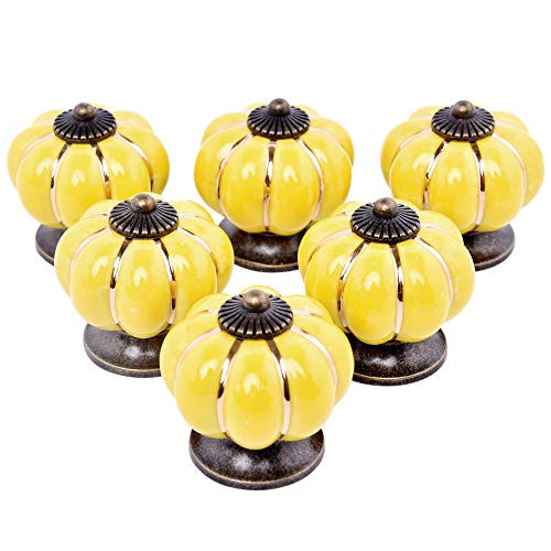 IEIK Ceramic Cabinet Knobs Pumpkin Shape Drawer Knobs Classy Vintage Decorative Dresser Knobs for Kitchen Cabinet Closet Cupboard Pull Handle 6 Pack -Yellow-