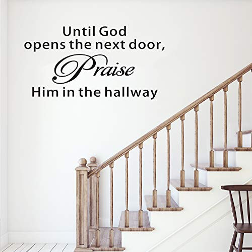 VODOE Wall Decals for Living Room Bible Verse Wall Decal Quotes Inspirational Religious Scripture Phrase Home Art Decor Vinyl Stickers Until God Opens The Next Door Praise Him in The Hallway 21 inchx11 inch