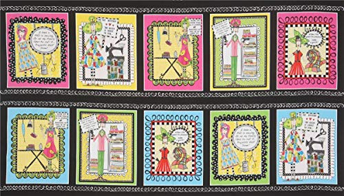 QT Quilt Fabrics Sew Sassy Sewing Picture Patches 24 Panel Quilt Fabric Black