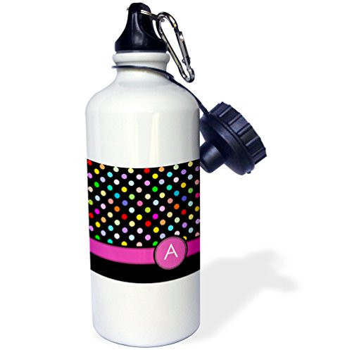 3dRose wb_154298_1"Letter A monogrammed on rainbow polka dots pattern with hot pink personal initial-girly multicolor" Sports Water Bottle, 21 oz, White