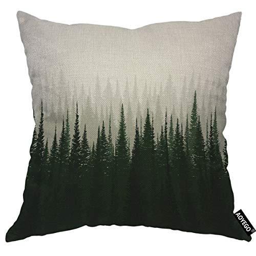 AOYEGO Forest Pillow Cover Pine Wood Scene Nature Landscape Fog Morning Tree Misty Environment Throw Pillowcase 24X24 Inch Decorative Square Cotton Linen Soft Cushion for Women Men Green