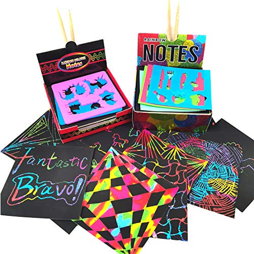 EBLSE Scratch Art Note Rainbow Scratch Mini Notes 200 Sheet Scratch Off Paper Art And Craft Birthday Gift For Kids/Girls/Boys 2 pack Magic Scratch Paper Pads Cards Set With Wooden Styluses Stencils