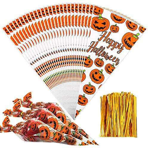 Aneco 150 Pieces Halloween Cone Cellophane Bags Treat Candy Bags Cookie Bags with Twist Ties for Halloween Party Gift Supplies Aneco 150 Pieces Halloween Cone Cellophane Bags Treat Candy Bags Cookie Bags with Twist Ties for Halloween Party Gift Supplies