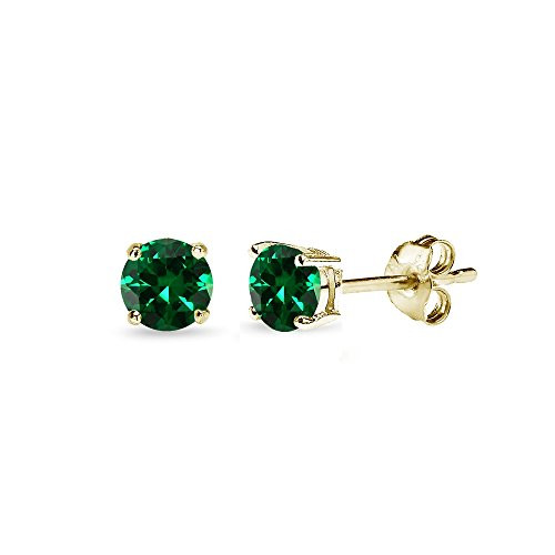 Yellow Gold Flashed Sterling Silver Synthetic Green Quartz 4mm Round-Cut Solitaire Stud Earrings