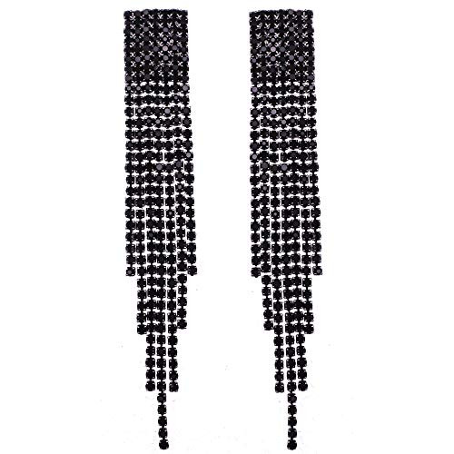 Mlouye Long Black Clip on Drop Earrings Tassel Fringe for Women Wedding Bride and Bridesmaids Bridal Dangling Chain Crystal Girls Statement Dangle Earring Black Tone