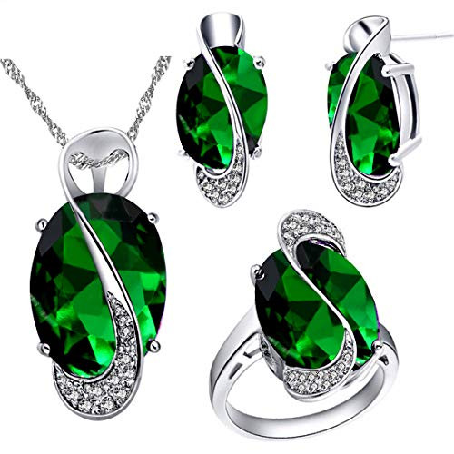 Uloveido Womens Platinum Plated Created Oval Green Pendant Necklace Clip on Earrings Halo Rings Wedding Jewelry Set -Green Size 6- T472 Uloveido Womens Platinum Plated Created Oval Green Pendant Necklace Clip on Earrings Halo Rings Wedding Jewelry Set -Green Size 6- T472