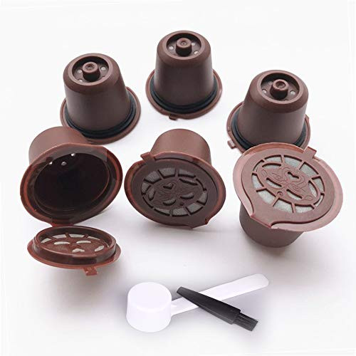 Nespresso Capsules Refillable Reusable Coffee Pods For Nespresso Cups OriginalLine Compatible with free Plastic Spoon and Brush - Pack of 6 -Brown-