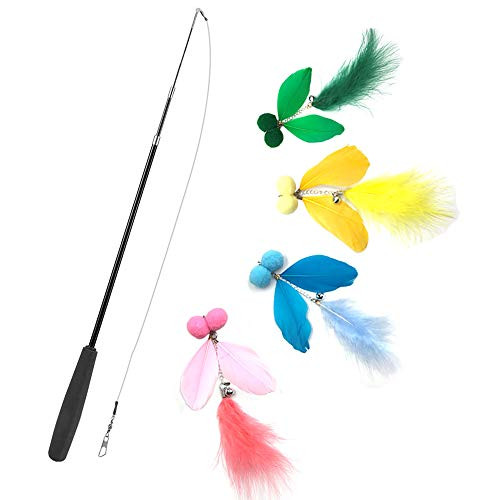 Cat Toy Interactive Cat Teaser Wand 1 pc Retractable Cat Wand Toy  and  4 pcs Replacement Feather Toy Multi Feather Teaser and Exerciser for Cat and Kitten