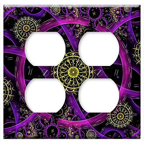 Double Duplex Outlet Wall Plate Cover - Fractal Neon Rings Geometric Pattern Circles Glow