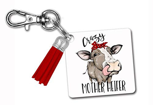 Crazy Mother Heifer Funny Cow Keychain with Tassel and Lobster Clasp Luggage Bag Tag