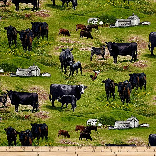 Elizabeths Studio Quilt Fabric Farm Animals Cows Green Quilt Fabric by The yd