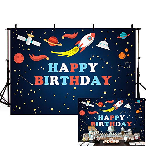 MEHOFOND Rocket Astronaut Theme Happy Birthday Party Decoration Backdrop Cloth for Boy Outer Space Planet Galaxy Photography Background Banner Studio Photo Props Vinyl 7x5ft