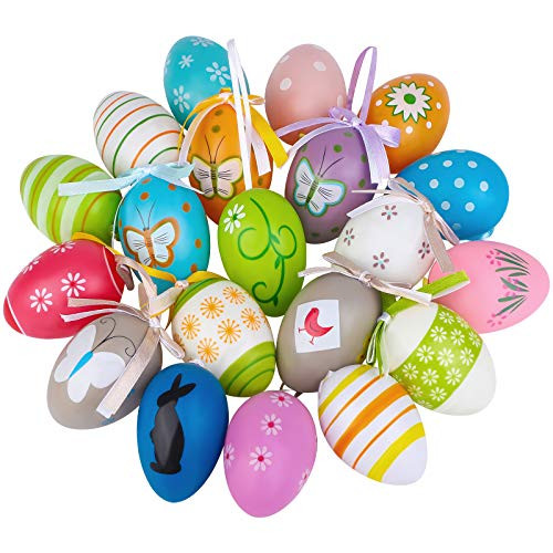 ADXCO 21 Pieces Colorful Easter Eggs Easter Hanging Ornaments Easter Hanging Decorative Easter Eggs Painted for DIY Crafts Home Decorations Random Styles