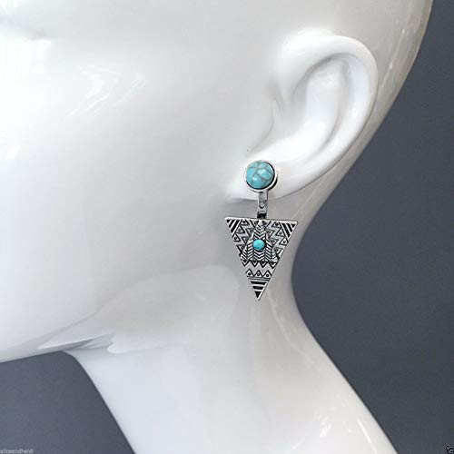 Antique Silver Aztec Design Triangle Drop Dangle Turquoise Stone Earrings LL-3705