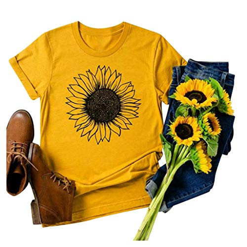 Women Short Sleeve Tops Womens Sunflower Graphic T-Shirts Casual Loose Crewneck Tees Shirts Fashion Blouse Tops Yellow