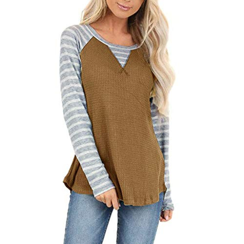 Tunics for Women Long Sleeve Hessimy Womens Long Sleeve Color Block Tunic Comfy Stripe Round Neck T Shirt Tops Brown