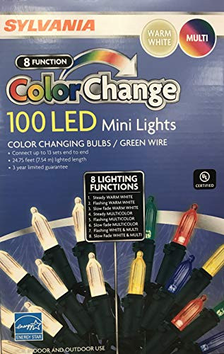 Sylvania Christmas Lights 8-Function Color Changing Warm White Multi Color Connectable LED Mini Lights 100 Count (1 Box (100 Count)) (8 Function Upgrade)