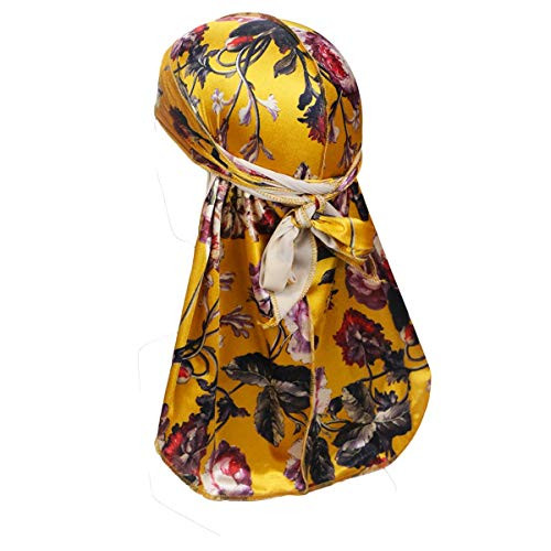 Premium Velvet Wave Durag - Silky Durag Headwraps with Extra Long Tail and Wide Straps for 360 Waves DUR10C Yellow Floral