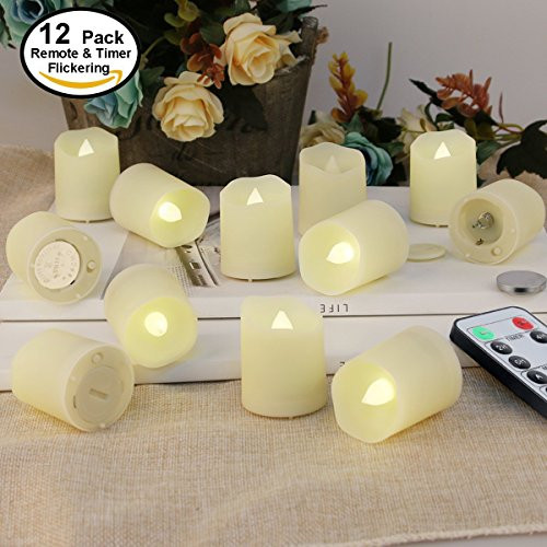 Flameless Candles Tea lights with Remote - Votive LED Tea Light with Timer - Realistic Flickering TeaLights - Fake Candles - Battery Operated Candle 200 Hours - Holiday Decoration 12 set x 1.8"