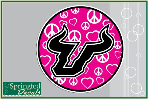 USF BULLS BULL HORNS PINK PEACE  and  LOVE CIRCLE 6 inch Vinyl Decal South Florida Car Truck Sticker
