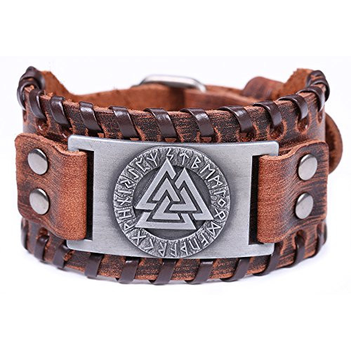 VASSAGO Vintage Amulet Nordic Runes Odins Symbol of Warriors Valknut Charm Brown Belt Buckle Bracelet -Brown Leather Antique Silver- VASSAGO Vintage Amulet Nordic Runes Odins Symbol of Warriors Valknut Charm Brown Belt Buckle Bracelet -Brown Leather Antique Silver-