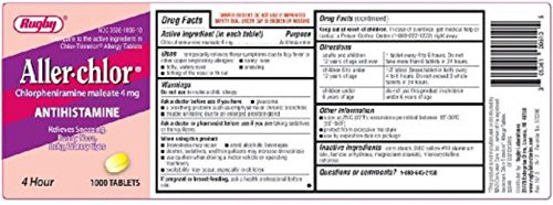 RUGBY ALLERCHLOR/CPM 4MG TAB CHLORPHENIRAMINE MALEATE-4 MG yellow 1000 TABLETS UPC 305361006105