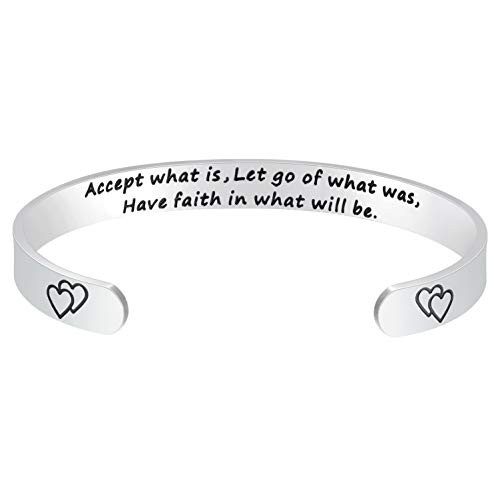Fesciory Inspirational Bracelets for WomenStainless Steel Engraved Personalized Positive Mantra Quote Keep Going Cuff Bangle College Graduation Encouragement Gifts for Her -Accept What is-