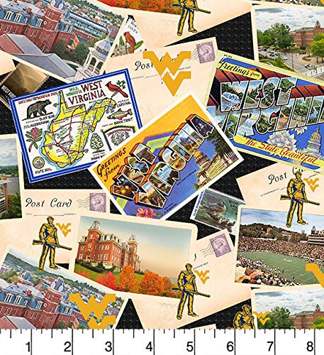 WEST Virginia University Cotton Fabric Scenic Postcard Design-Newest Pattern-Sold by The Yard-SYKEL NCAA Cotton Fabric