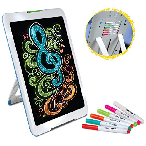 Discovery Kids Neon Glow Drawing Easel w/ Color Markers, Built-In Kickstand/Wall Mount, Choose from 6 Light Modes, Easy to Clean/Washable, Wide Screen, Flat Storage, Great For Children, MULTICOLOR