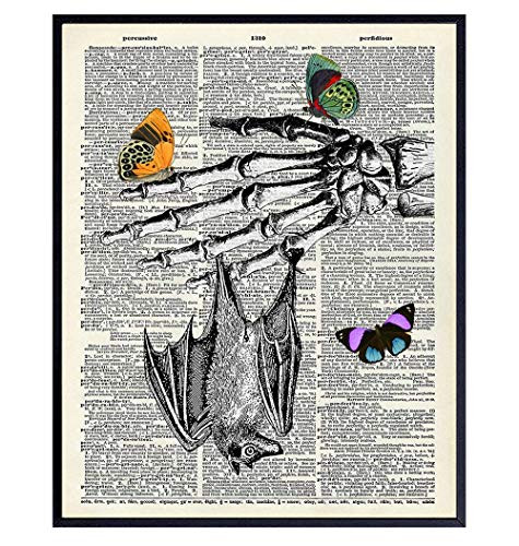 Bat Wall Decor - Skeleton Decor - Gothic Wall Art - Creepy Scary Goth Wall Decor - Pagan Wicca Wiccan Accessories - Bat Poster - 8x10 Skeleton Hand - Gothic Gifts - Butterfly Dictionary Art