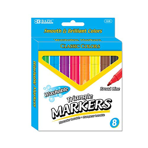 BAZIC 8 Colors Broad Line Jumbo Washable Markers Triangle Pens Assorted Colors Marcador Gift for Kids School Art 1-Pack