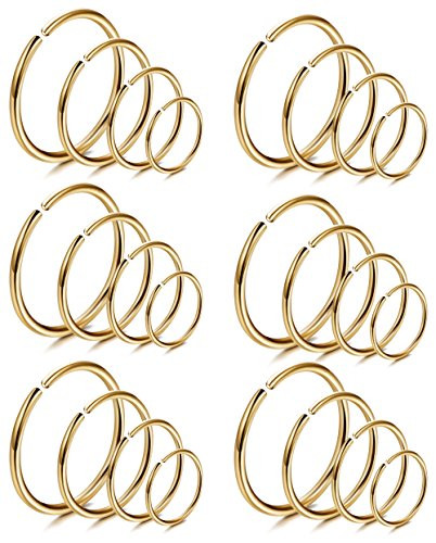 LOYALLOOK 18Pcs 20G 316L Stainless Steel Nose Ring Hoop Cartilage Hoop Septum Piercing 6-12mm -J24PCS Gold Tone-