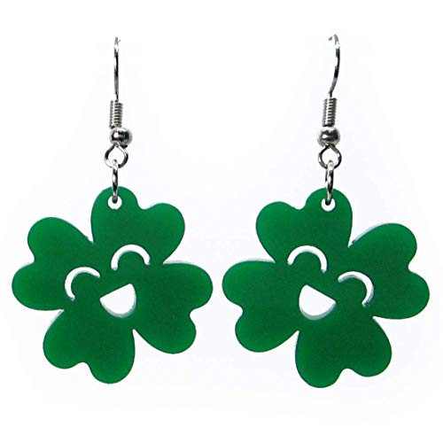 Cute Kawaii Green Four Leaf Clover Dangle Earrings Saint Patricks Day Shamrock
